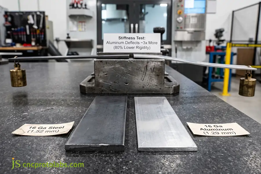 Side-by-side physical thickness and flexural rigidity test comparing 16 gauge steel with 16 gauge aluminum.