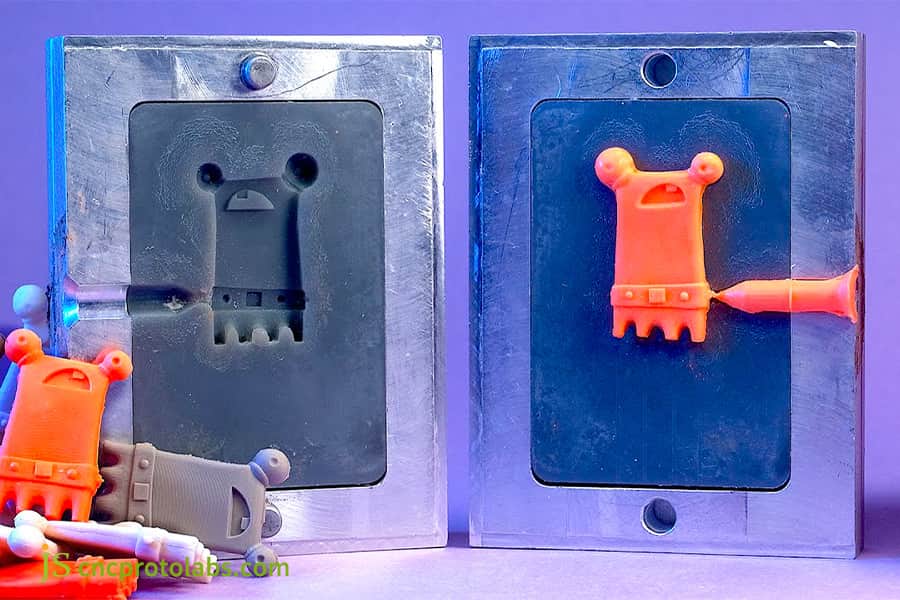 A 3D printed mold holding a plastic component.