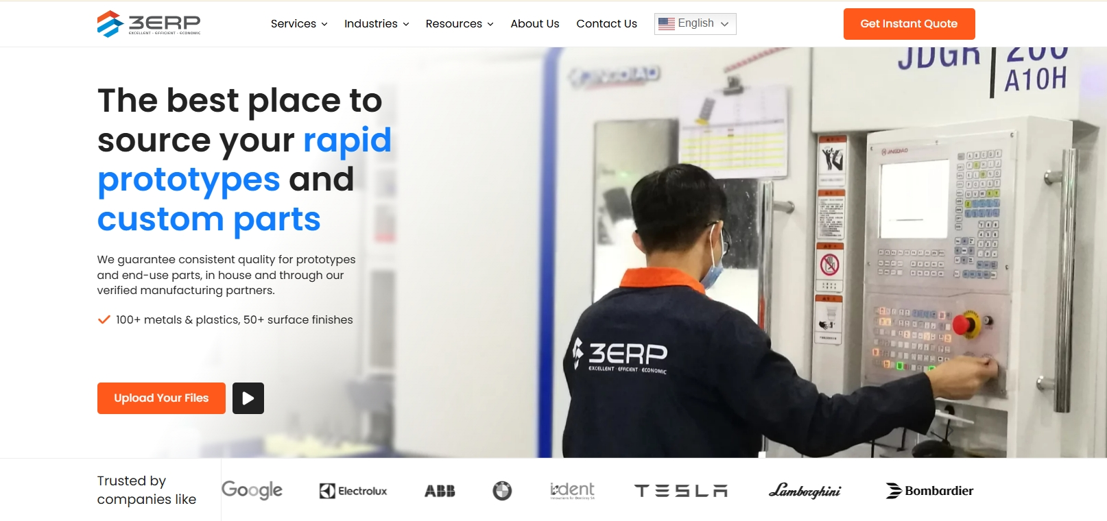 3ERP homepage for rapid prototypes and custom parts, showing an operator at a CNC machine and an upload your files button.