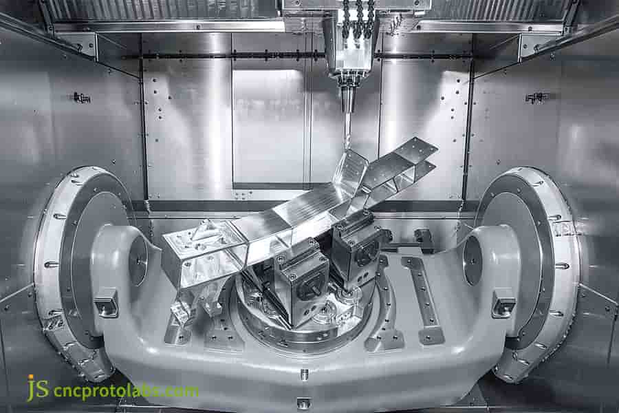 Centro de usinagem vertical de 5 eixos​ em funcionamento.