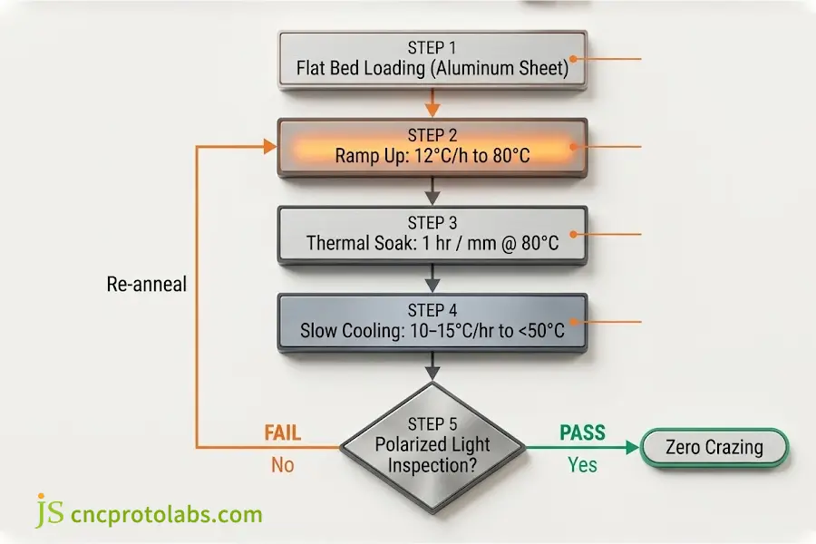 Standard engineering flowchart for optimizing acrylic laser cutting edge quality and preventing solvent crazing through thermal annealing.
