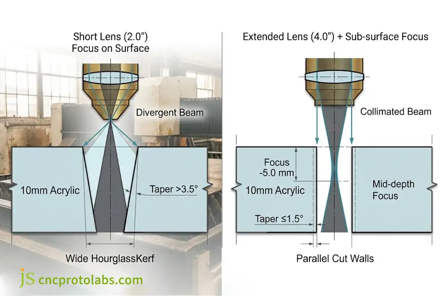 Engineering schematic of acrylic laser cutting settings comparing short lens taper versus sub-surface focal sinking.