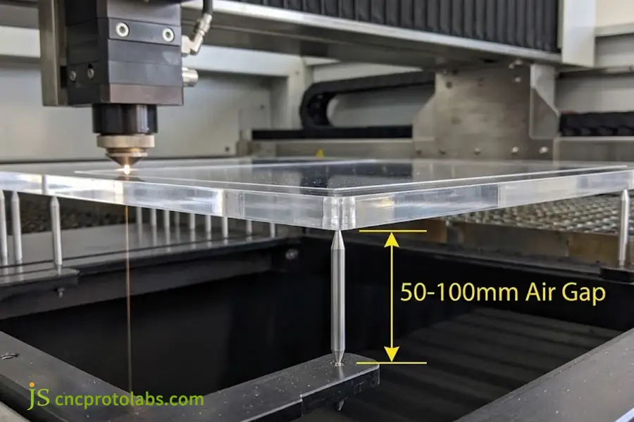 Elevated aluminum pin tooling setup in acrylic laser cutting to prevent backside flashback scars on precision display panels.