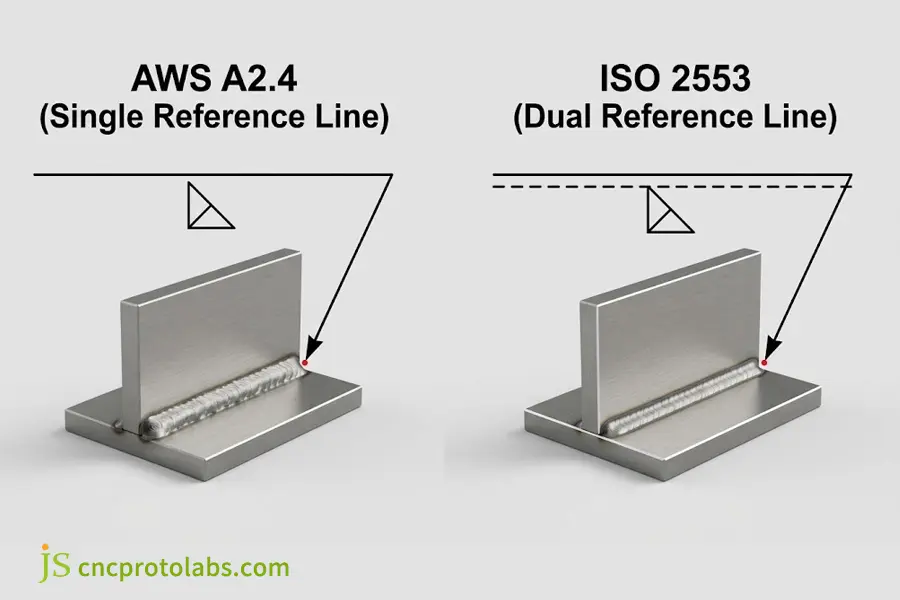AWS A2.4 and ISO 2553 welding symbols on drawings comparing single and dual reference lines.