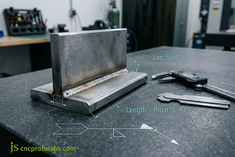 Welding symbols on drawings anatomy with GTAW tail and leg size z callouts on welded joint.