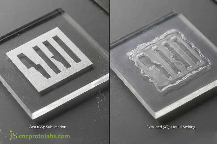 Cast vs extruded acrylic laser cutting comparison showing frosted white acrylic engraving versus melted transparent trough.