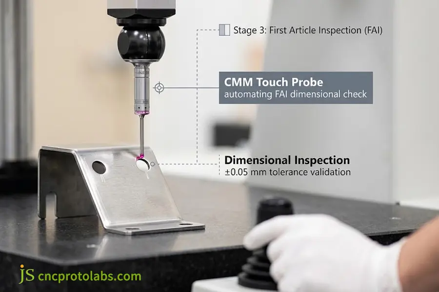 Automated coordinate measuring machine CMM ruby touch probe conducting first article inspection FAI for custom metal stamping precision parts quality control.