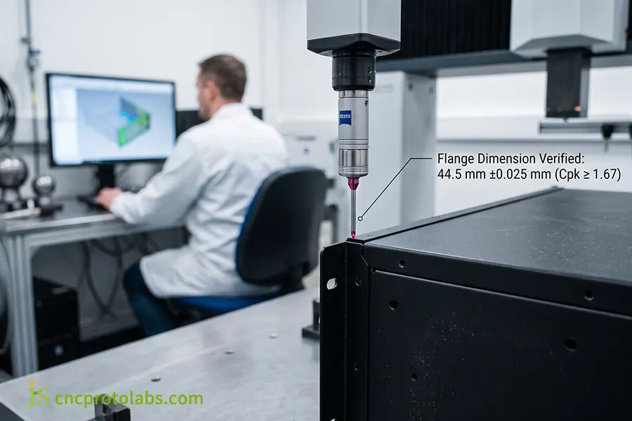 Zeiss CMM inspection verifying precision sheet metal fabrication tolerances on a telecommunications enclosure.