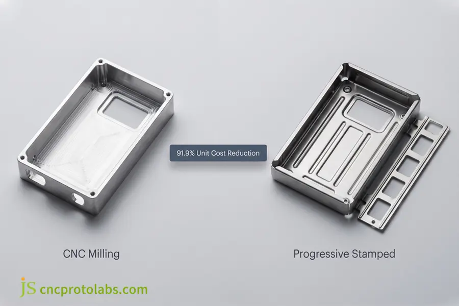 Robotic chassis comparison showing CNC machining vs progressive stamping process conversion with D2 tool steel die cost savings.