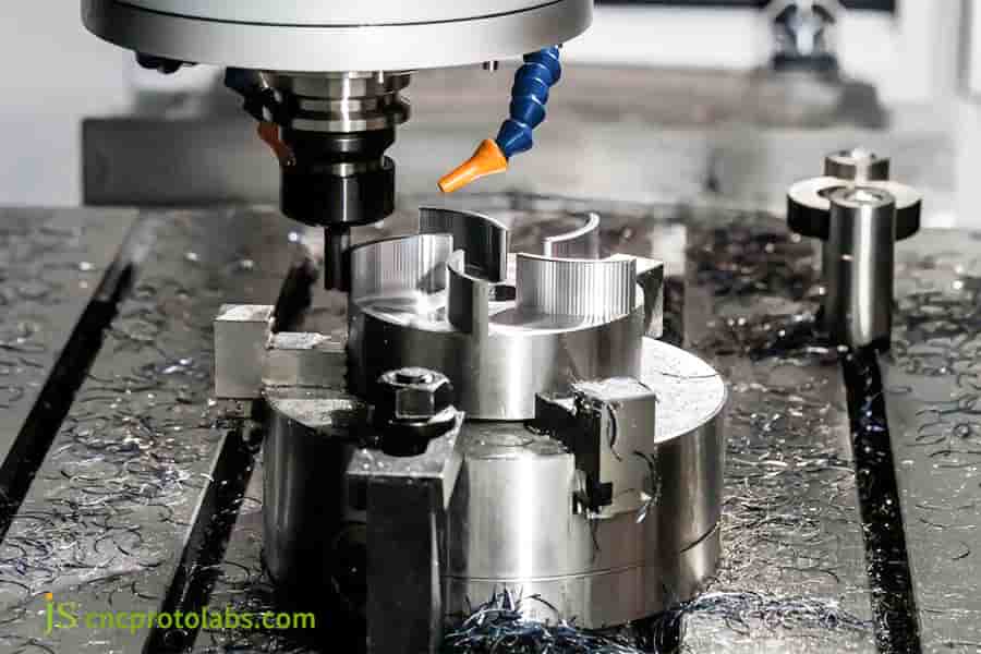 Usinage CNC de l'aluminium avec liquide de refroidissement.