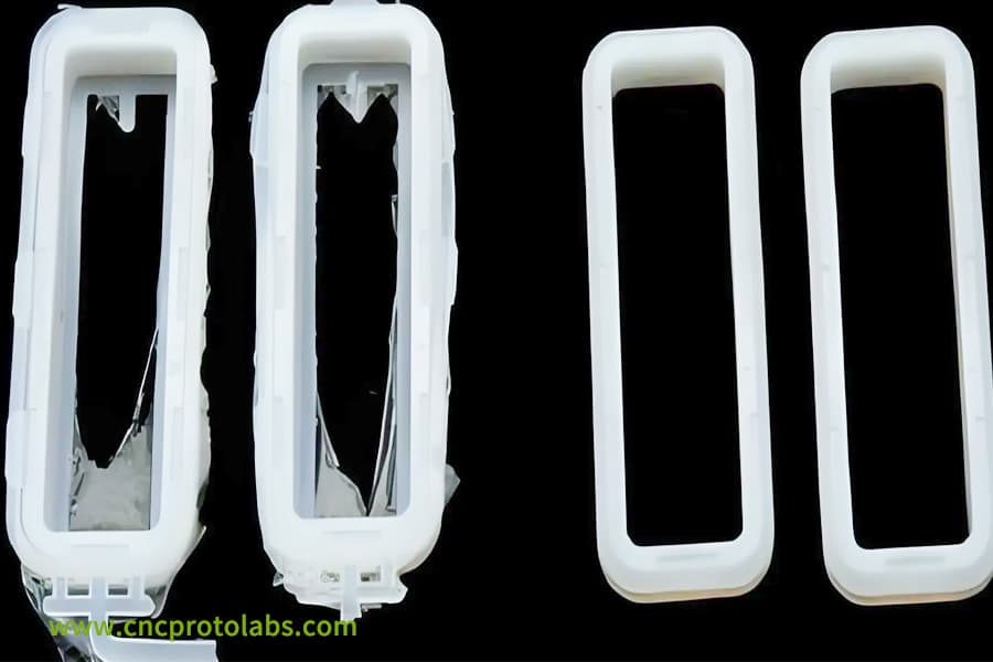 Muestras de marcos sobremoldeados dañados versus intactos