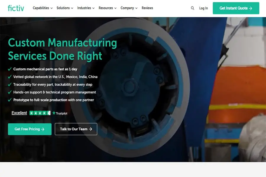 Fictiv homepage for custom manufacturing services, showing industrial processing machinery and links to get free pricing.
