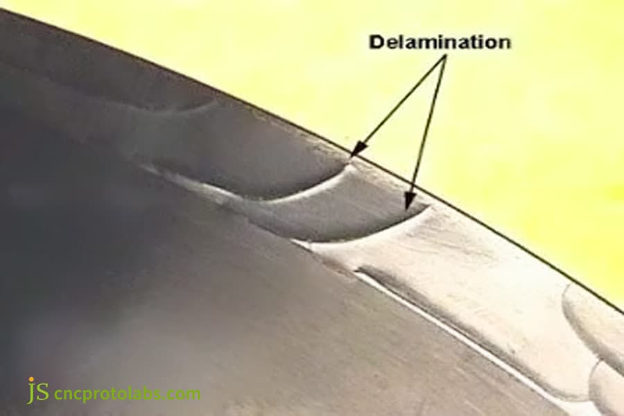 Close-up of a delamination defect at part edge