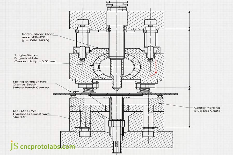 Compound die vs progressive die concentricity cross-section showing inverted tool steel punch and stripper clearance.