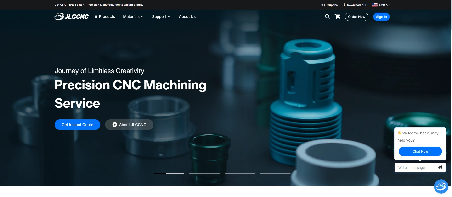 JLCCNC homepage for precision CNC machining and laser cutting services, displaying finished metal components and an order now button.