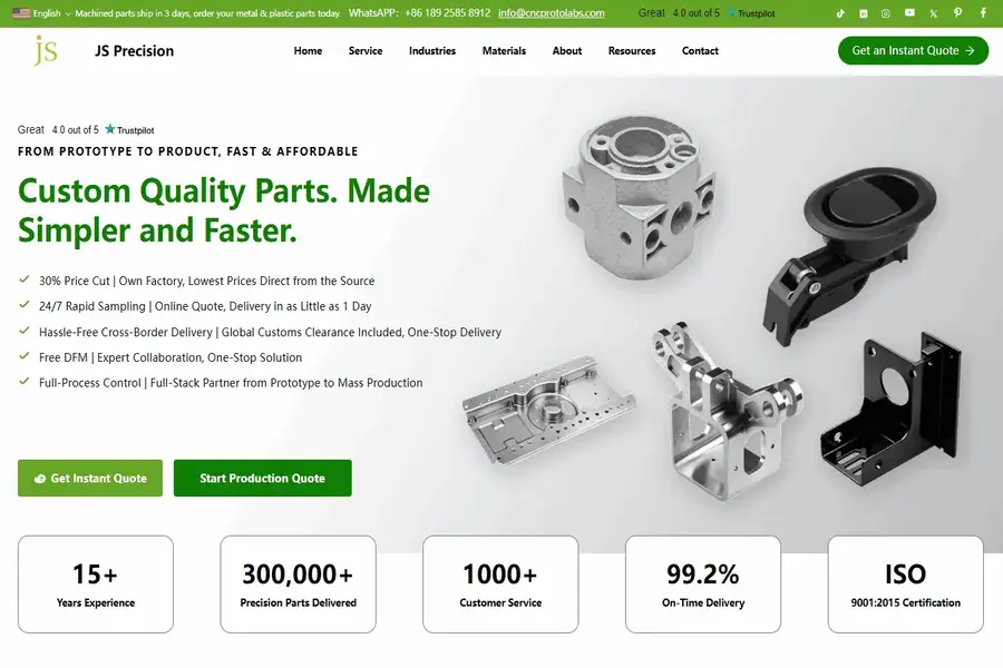 JS Precision homepage for precision metal laser cutting services and custom parts, displaying metal components, ISO 9001:2015 certification, and quote buttons.
