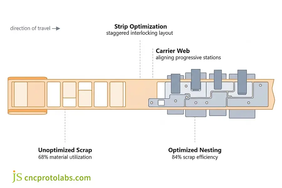 Optimized strip nesting layout reducing scrap to minimize custom metal stamping cost from 68% to 84% material utilization.