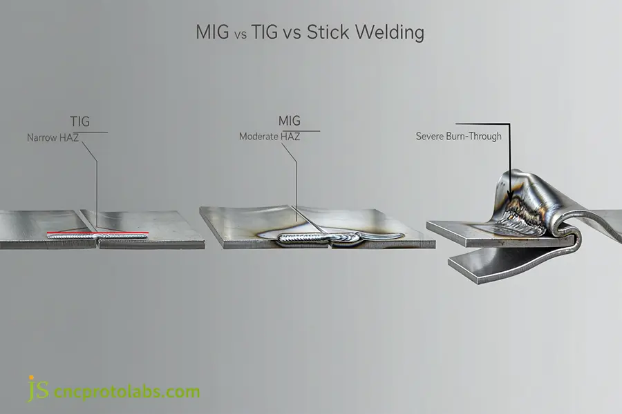 Engineering schematic illustrating heat-affected zones (HAZ) and thermal distortion risks during mig vs tig stick welding on sheet metal.