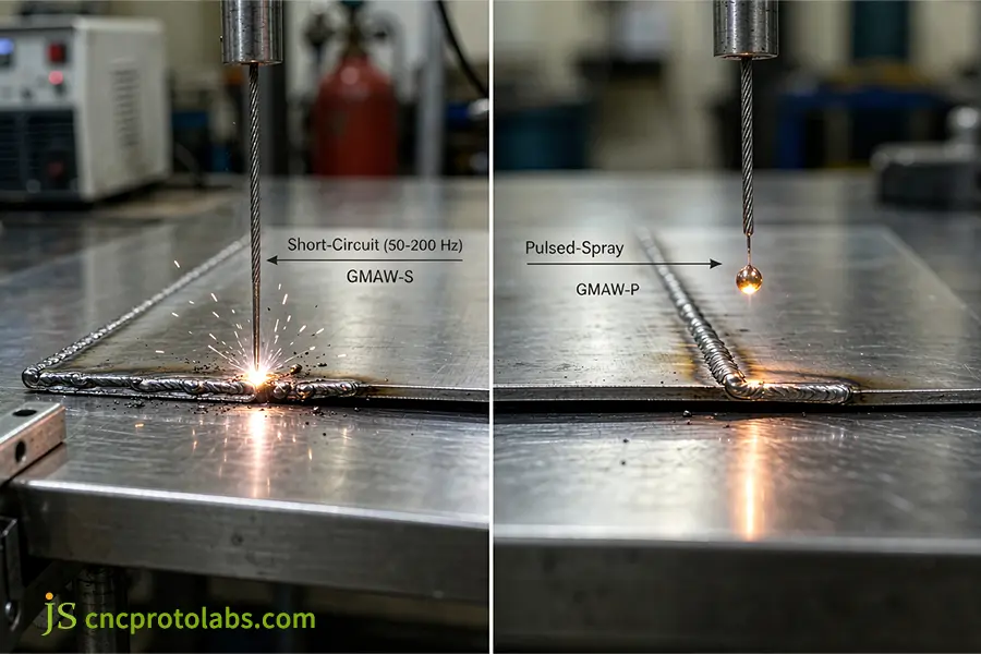 Side-by-side workstation view of short-circuit and pulsed-spray transfer modes used when mig welding sheet metal.