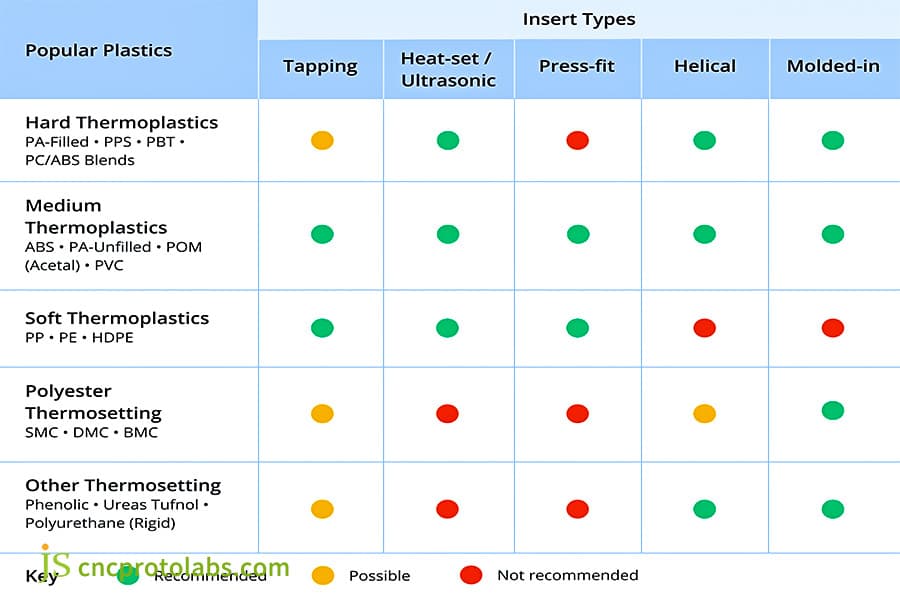 Chart for selecting inserts for plastic molding