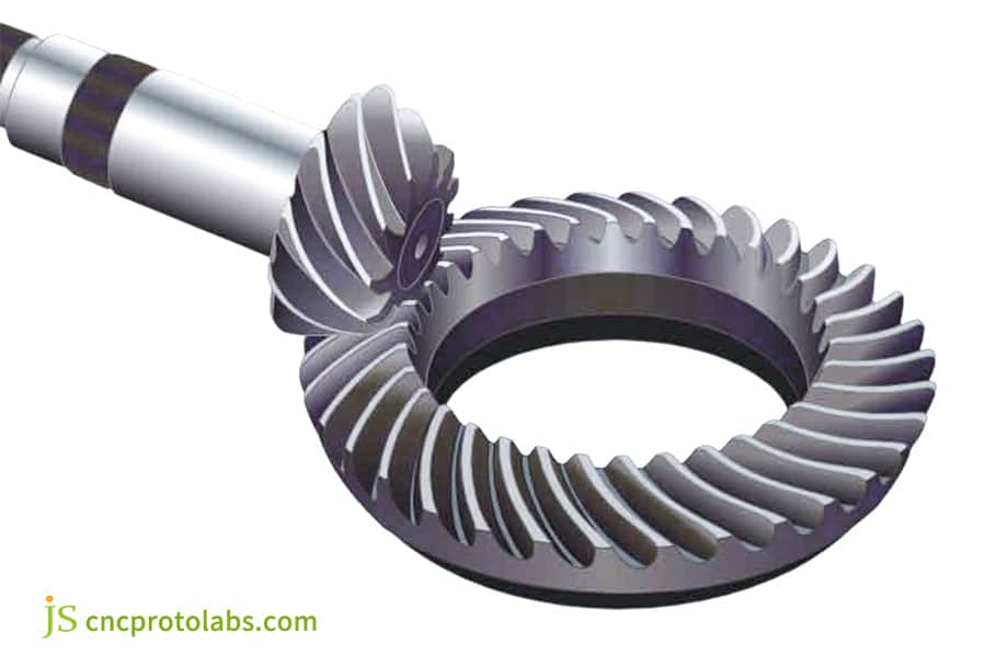 Close-up of a precision-machined spiral gear