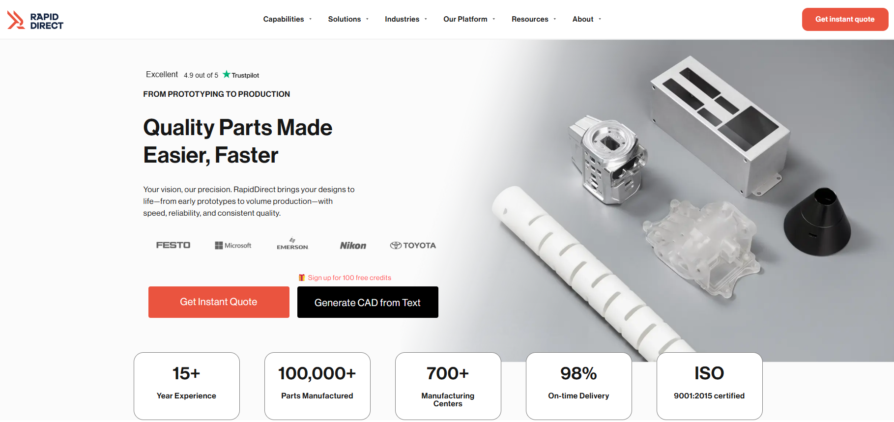 RapidDirect homepage for prototyping and production, showing various manufactured metal parts and a get instant quote button.
