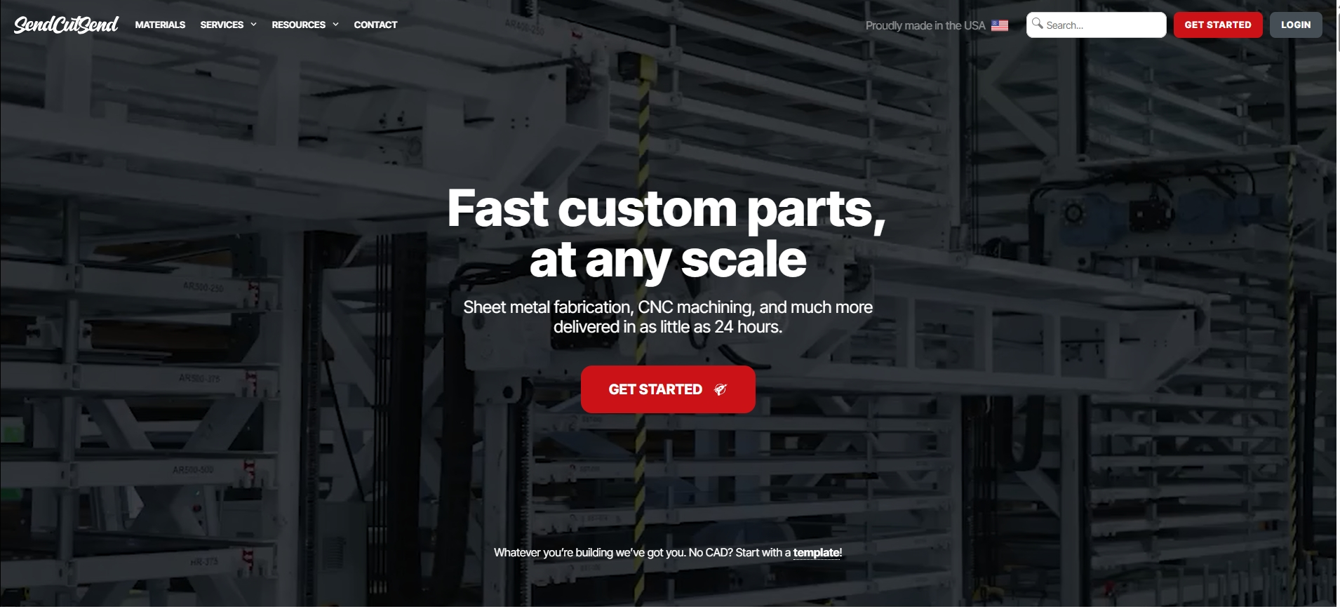 SendCutSend homepage for fast custom parts, showing an industrial sheet metal fabrication facility and a red get started button.