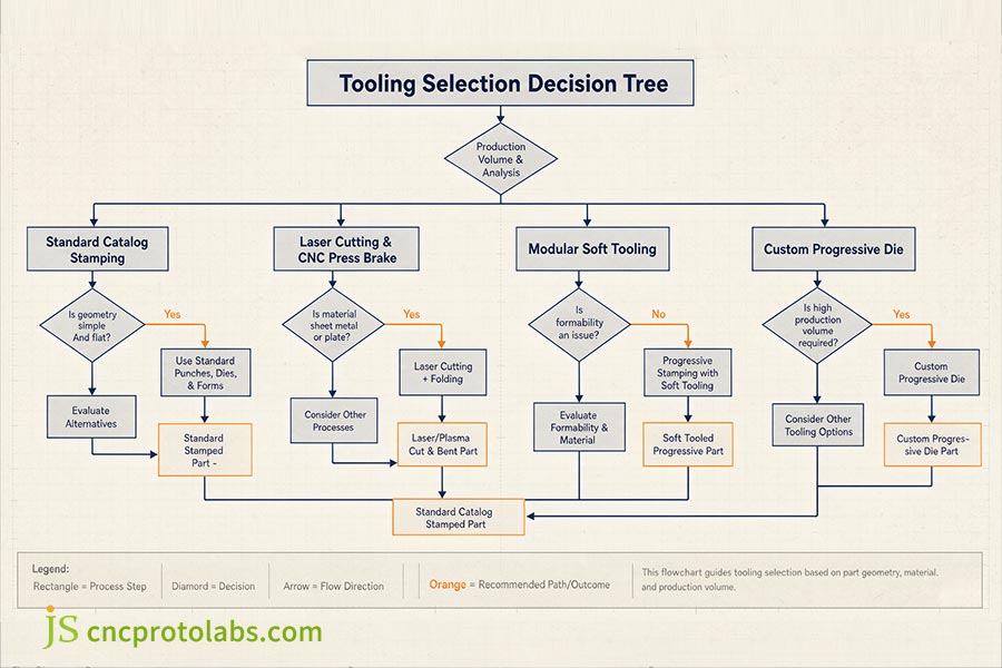 Engineering stamping tooling selection decision tree comparing progressive die, soft tooling, and catalog parts.