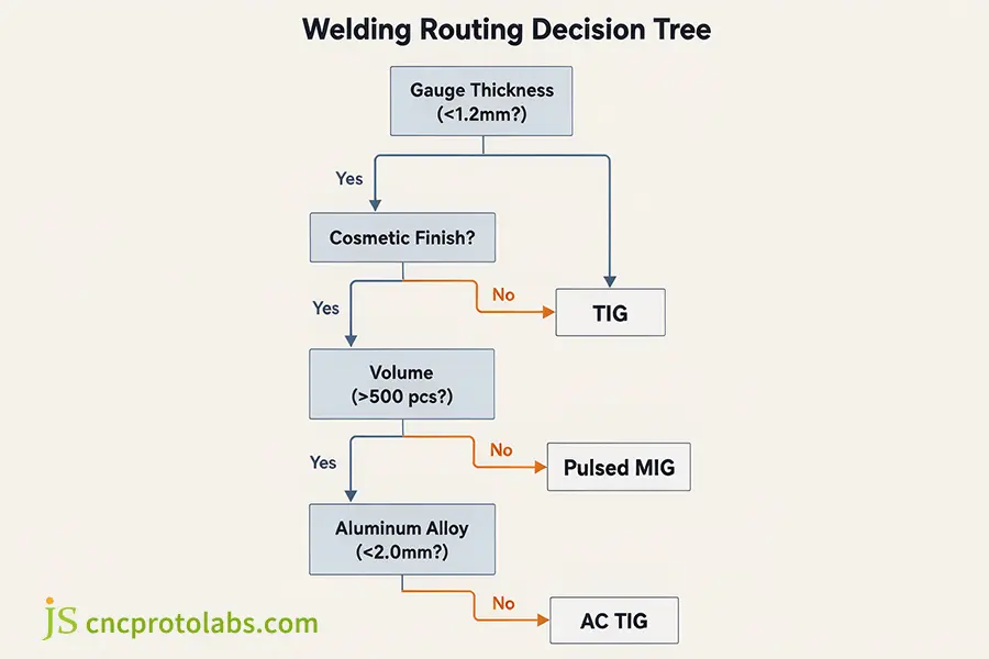 Structural 4-step decision tree flowchart guiding engineers through sheet metal welding process routing and optimization.