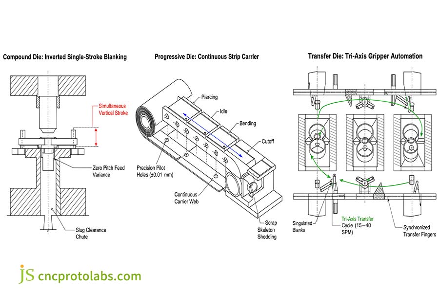 Progressive die vs transfer die for high volume small parts and compound die blanking mechanism diagram.