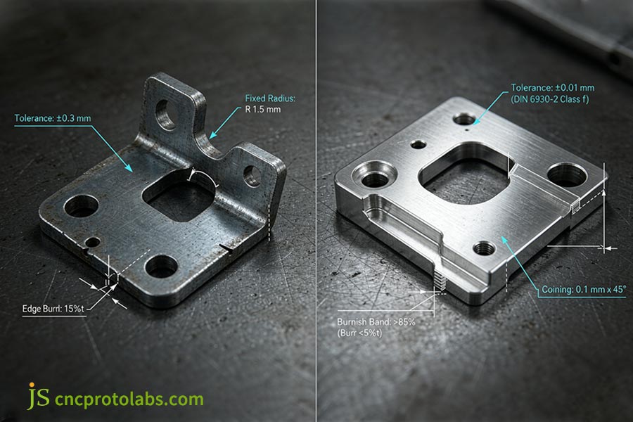 CAD inspection comparing standard vs custom metal stamping tolerances and burrs under DIN 6930-2.