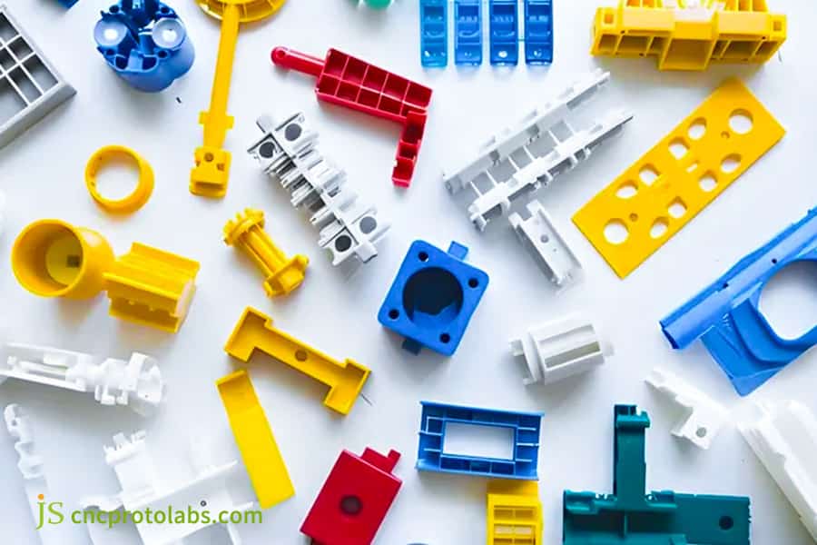 An array of plastic injection molded parts.