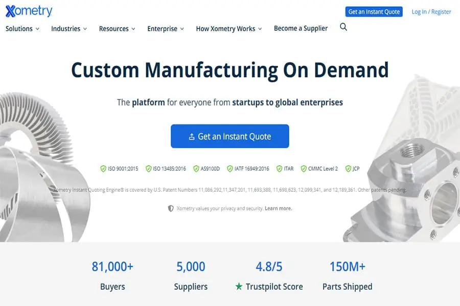 Xometry homepage for custom manufacturing on demand, showing machined metal parts, certification badges, and an instant quote button.
